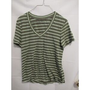 Loft black and white striped short sleeve top small Green and gray v neck